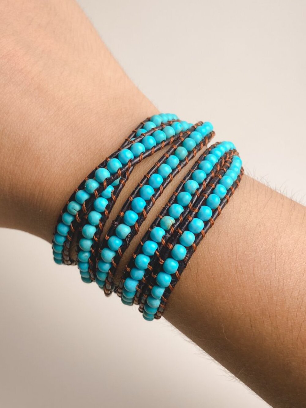 Lulu Dharma Turquoise Gemstone Beaded Southwest Brown Leather Cord Wrap Bracelet